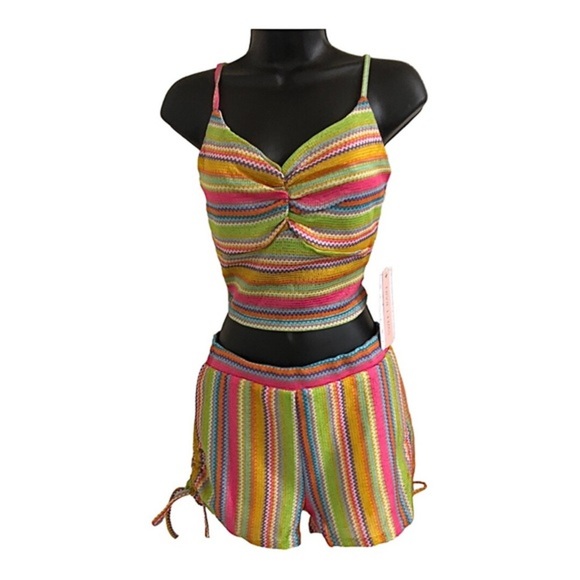 2pc rainbow multicolored crochet mesh look tank top & side tie shorts set size S - Picture 1 of 13
